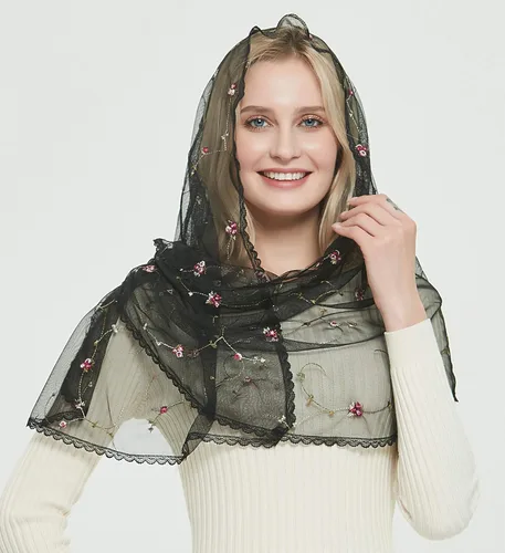 Vista 2 de V50 - Velo ortodoxo con flores bordadas capilla católica velo de mantilla