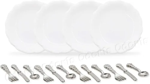 Vista 2 de Odoria 1/12 Platos en miniatura y cubiertos Cuchillo Tenedor Cuchara Juego de accesorios para casa de muñecas, plata plateado