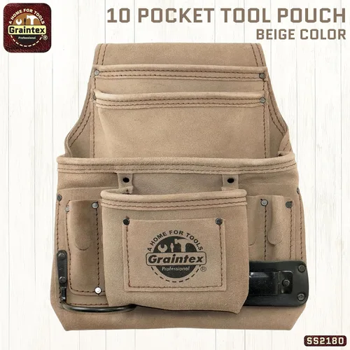 Vista 2 de Graintex Bolsa para clavos y herramientas de 10 bolsillos, bolsa de herramientas de cuero de gamuza, cinturón de herramientas para constructores