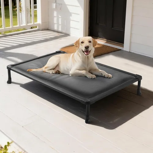 Vista 9 de Veehoo Cama elevada para perros a prueba de masticaciones, catre elevado duradero para mascotas con tapete impermeable relleno de algodón de Gris