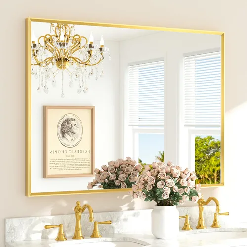 Vista 97 de TETOTE Espejo de baño dorado cepillado de 20" x 30", espejo de tocador de baño rectangular de latón dorado cepillado con marco biselado para sobre