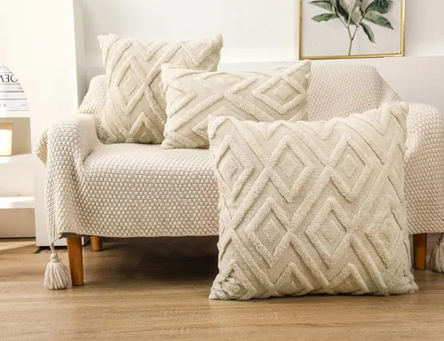 Vista 3 de Juego de 2 fundas de almohada de piel sintética beige de 16x16, funda de almohada decorativa de cuadros suave estilo boho para sofá, cama, sala