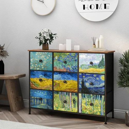Vista 10 de EXOTICA - Cómoda grande con 15 cajones, cómoda alta de tela Van Gogh para dormitorio, sala de estar, entrada, armario con marco de metal resistente