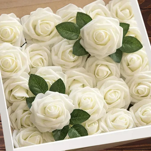 Vista 37 de Higfra Flores artificiales, 25 unidades, rosas falsas de espuma negra de aspecto real con tallos para ramos de boda, centros de mesa de despedida