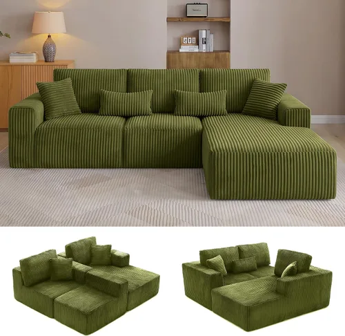 Vista 9 de Sofá modular en forma de L de 108 pulgadas, sofá modular sin hueso para sala de estar, cómodo sofá esponjoso de pana con asiento profundo Camel