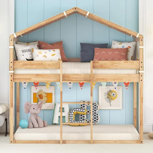 Vista 10 de Litera de madera individual sobre cama individual con tienda de campaña, litera con escalera para niños (expreso)