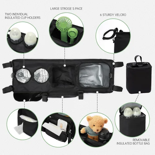 Vista 3 de Organizador de cochecito doble para Bob Duallie con 2 portavasos aislados y bolsa refrigeradora, Baby Jogger City Mini Gt2 Jeep Accesorios