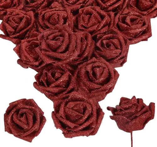 Vista 11 de 30 rosas doradas con purpurina, rosas artificiales de espuma dorada de 2.56 pulgadas con tallos para centros de mesa de despedida de soltera, ramo