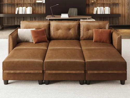 Vista 16 de LLappuil Sofá cama modular modular con almacenamiento, sofás de piel sintética de 6 plazas para sala de estar, color marrón