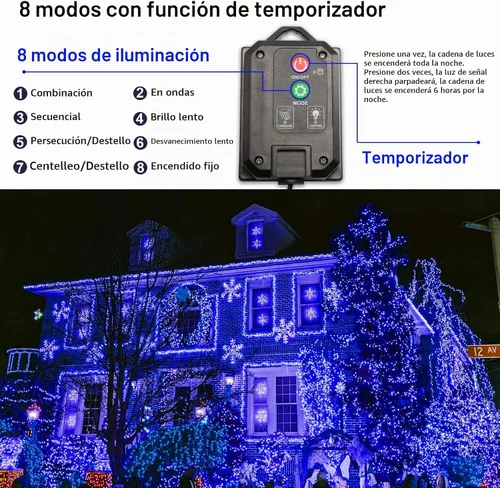 Vista 4 de Guirnalda de luces solares azules impermeables para exteriores, paquete de 2 unidades de 144 pies, 400 LED con 8 modos de impermeabilidad IP44