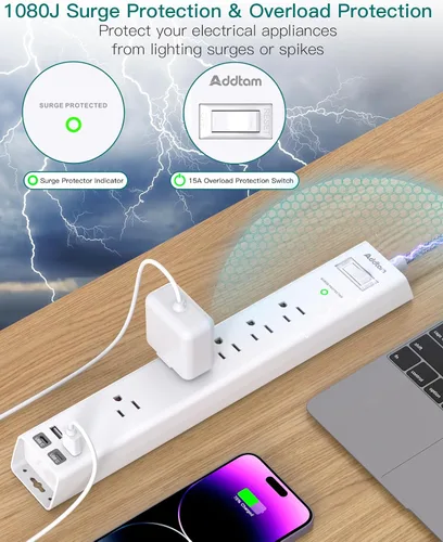 Vista 4 de 2 paquetes de tira de alimentación con protector de sobretensión - 5 salidas ampliamente espaciadas 4 puertos USB, cable de extensión de 5 pies