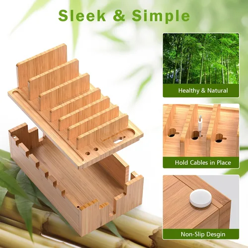 Vista 4 de Estación de carga de bambú Pezin & Hulin con 5 puertos USB y 5 cables All-in-One, 5-Port USB HUB Included, 8-Device Organizer, Natural Bamboo, #1