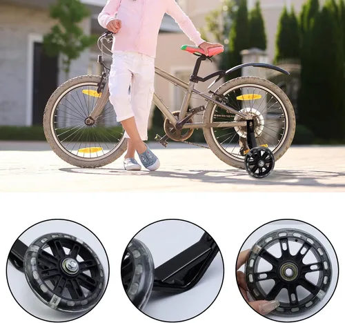 Vista 6 de Par de ruedas auxiliares de bicicleta para niños, accesorios para bicicletas de 12 "14" 16", ruedas de entrenamiento flash