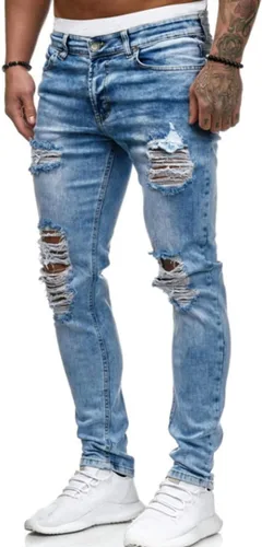Vista 2 de HUNGSON Pantalones de mezclilla ajustados rasgados para hombre