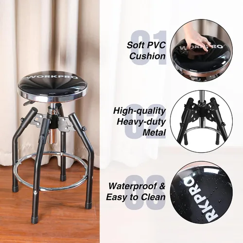 Vista 5 de WORKPRO Taburete de Taller Hidráulico Ajustable de Servicio Pesado, Taburete de Bar para Garaje, 29 a 33.86 pulgadas, Capacidad de 330 Libras, Negro