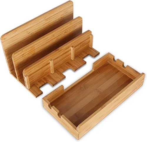 Vista 2 de Estación de carga de escritorio multidispositivo de madera de bambú Soporte de cargador compatible con iPhone 16 15 14 13 12 11 Pro Max iPad mini
