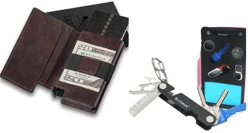 Vista 5 de Portatarjetas de cuero y organizador de llaveros cartera para hombres juego de regalo para cumpleaños día del padre o vacaciones marrón