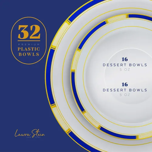 Vista 2 de Laura Stein Juego de vajilla de diseñador 32 cuencos de plástico desechables para fiestas, cuenco blanco con borde azul y detalles dorados
