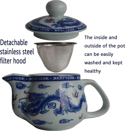 Vista 6 de Tetera infusor de alambre de filtro de acero inoxidable de dragón blanco azul de 17 oz para té suelto (olla Dragon Phoenix)