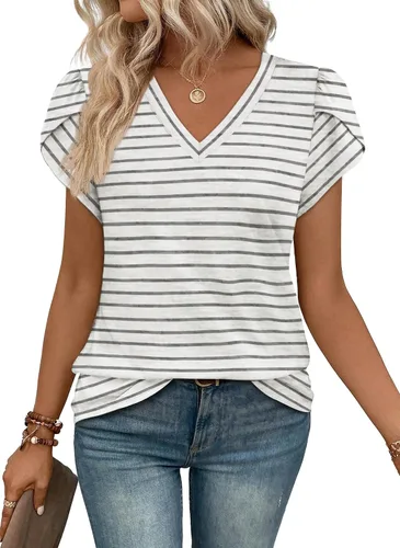 Vista 8 de WIHOLL Camisetas casuales de verano con cuello en V para mujer Negro