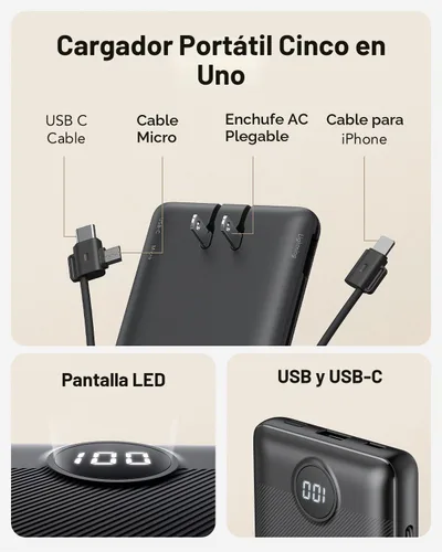 Vista 2 de VRURC Cargador portátil, cables integrados en el banco de energía y enchufe Negro