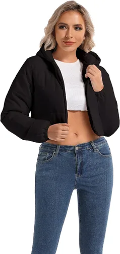 Vista 2 de Chaqueta acolchada recortada con capucha para mujer, de manga larga, ligera, para exteriores