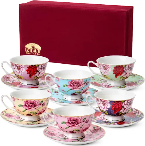 Vista 7 de BTaT- Tazas de té y platillos, diseño floral, juegos de tazas de té de porcelana, aptos para lavavajillas, juego de 4, 8 onzas