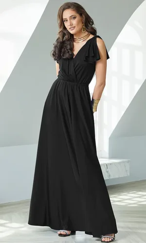 Vista 2 de KOH KOH Vestido largo maxi para mujer 2025 con cuello en V, sin mangas, con volantes, para dama de honor, baile de graduación Negro