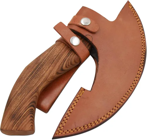 Vista 4 de Cuchillo de cocina Ulu hecho a mano con mango de madera de rosa, viene con funda de cuero (6009, acero de alto carbono)