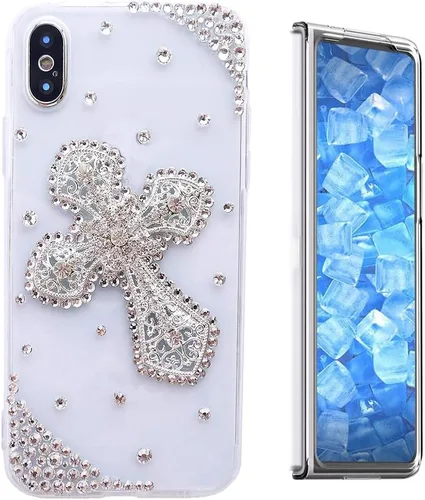 Vista 17 de Sparkle - Funda compatible con Samsung Galaxy Z Fold 3 5G, elegante funda 3D hecha a mano con diamantes de imitación de camelia, color negro
