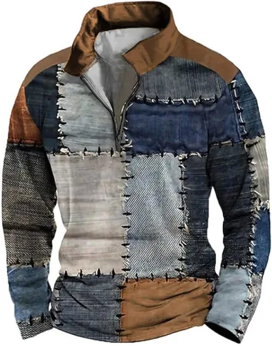 Vista 5 de Camisas Henley de manga larga para hombre, estilo vintage, desgastadas, casuales, cuello alto, talla grande, media cremallera, sudaderas