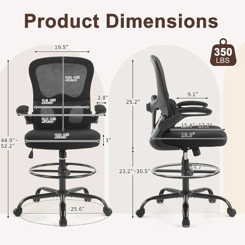 Vista 2 de Karlhome - Silla ergonómica de dibujo con soporte lumbar y reposabrazos abatibles, silla de oficina giratoria alta con anillo reposapiés de altura