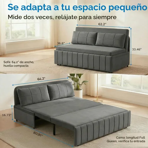 Vista 2 de Mjkone Sofá cama extraíble tamaño Queen, sofá cama 3 en 1, sofá cama convertible de piel sintética de 64 pulgadas, sofá cama extraíble con bolsillos