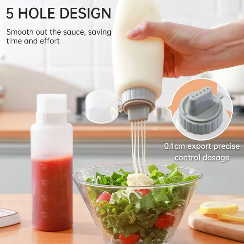 Vista 3 de Botella exprimible de salsa de 5 agujeros, botella de condimentos medibles de 5.9 fl oz con tapa a prueba de fugas, botella de plástico transparente
