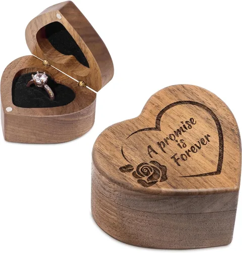 Vista 14 de Caja de Anillo de Propuesta de Compromiso Delgada de Madera en Forma de Corazón Caja Portador Soporte de Anillos para Ceremonia de Boda, Día de Una