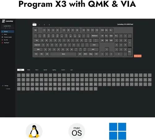 Vista 2 de LEMOKEY X3 - Teclado mecánico para juegos con cable, diseño 100% con teclado programable QMK/VIA, interruptor marrón, retroiluminación roja