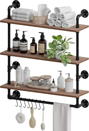 Vista 18 de ROGMARS - Estantería industrial de tuberías para baño, estantes flotantes negros de 24 pulgadas para baño con toallero y ganchos, estantes montados