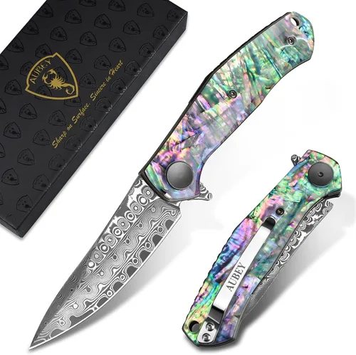 Vista 10 de Cuchillo de bolsillo plegable de Damasco AUBEY hecho a mano con clip para hombres, cuchillo de caza de Damasco EDC con bloqueo de vástago para Mango