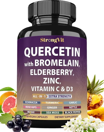 Vista 9 de StrongVit Quercetina con bromelina, saúco, vitamina C, D3 y zinc. Suplemento de apoyo súper inmunológico. Complejo orgánico para hombres y mujeres
