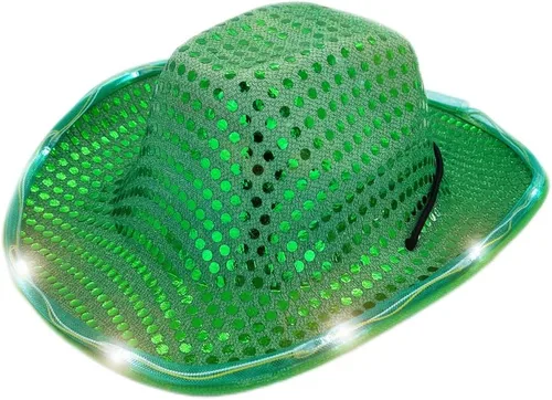 Vista 13 de Sombrero de vaquero con lentejuelas LED para fiesta de fiesta intermitente, fiesta de baile para cumpleaños, boda, festival, Halloween