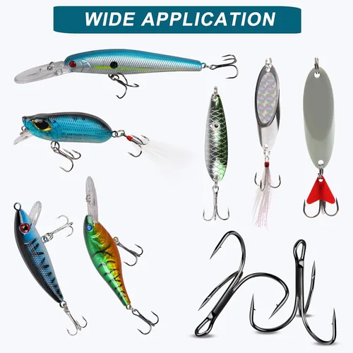 Vista 5 de Anzuelos agudos rojos de pesca, 80/120 piezas, afilado, redondo, curvado, agudos, de acero de alto carbono, ganchos triples para lubina, trucha