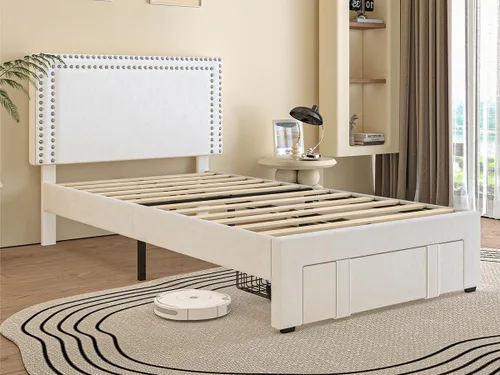 Vista 111 de VECELO Base de cama de plataforma de tamaño individual con cabecera tapizada de altura ajustable, base de colchón moderna, soporte de listones