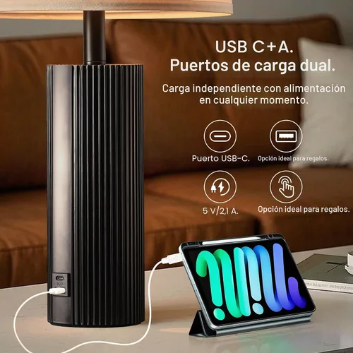 Vista 3 de Juego de 2 lámparas negras de 24.5 pulgadas, modernas lámparas de mesa para sala de estar con puertos USB C+A, lámparas táctiles creativas a rayas