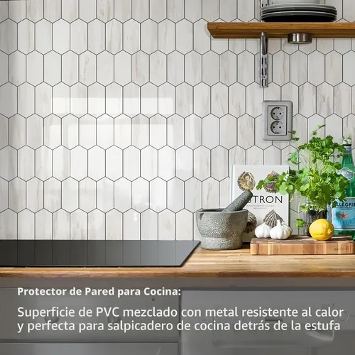 Vista 2 de Vamos Tile - Azulejo de salpicaduras de pelar y pegar hexagonal largo para cocina y baño - 1 hoja de adhesivo para salpicaduras en la pared de 12.4