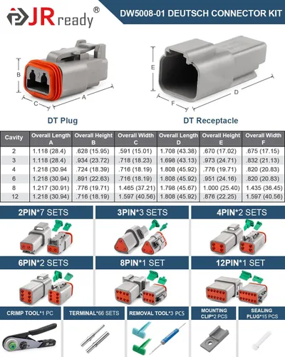 Vista 2 de JRready Deutsch Kit de conectores impermeables de 2 pines, conectores DT de 3, 4, 6, 8, 12 pines, herramienta de crimpado Deutsch para automóvil