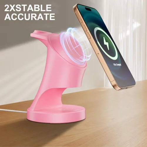 Vista 4 de Estación de carga inalámbrica 3 en 1 para dispositivos Apple Magsafe - Cargador para iPhone 17 16 15 14 13 12 AirPods 2/3/4/Pro iWatch Rosa