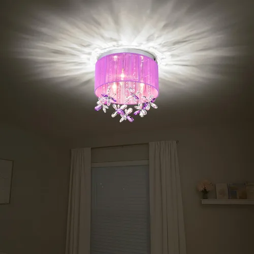 Vista 4 de LaLuLa Candelabro de cristal morado para dormitorio de niñas, lámpara de techo E12 de 3 luces, pantalla de cuerda de algodón hecha a mano, elegante