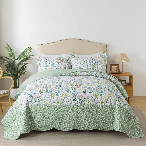 Vista 27 de HoneiLife - Juego de edredón de 3 piezas, colcha ligera de microfibra, diseño de flores silvestres, cubrecamas ligero y botánico, para todas