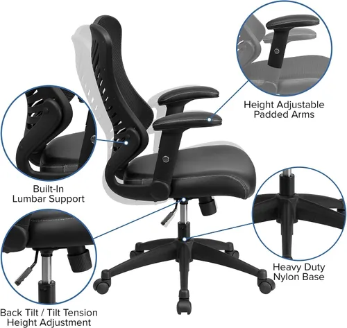 Vista 5 de Flash Furniture Kale Silla de oficina ergonómica giratoria ejecutiva de malla negra con asiento LeatherSoft y brazos ajustables Asiento ergonómico