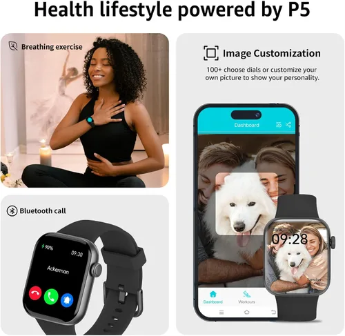 Vista 5 de Reloj inteligente para hombres y mujeres, responder/hacer llamadas, reloj inteligente de 1.85 pulgadas, reloj de fitness con monitor de sueño